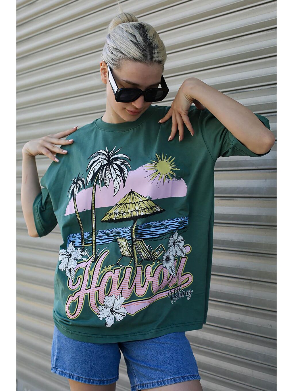 Yeşil Baskılı Bisiklet Yaka Kadın Tişört Mg1765-5