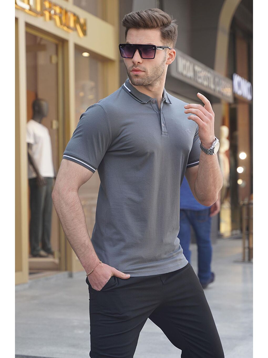 Gri Füme Polo Yaka Erkek Tişört 6113