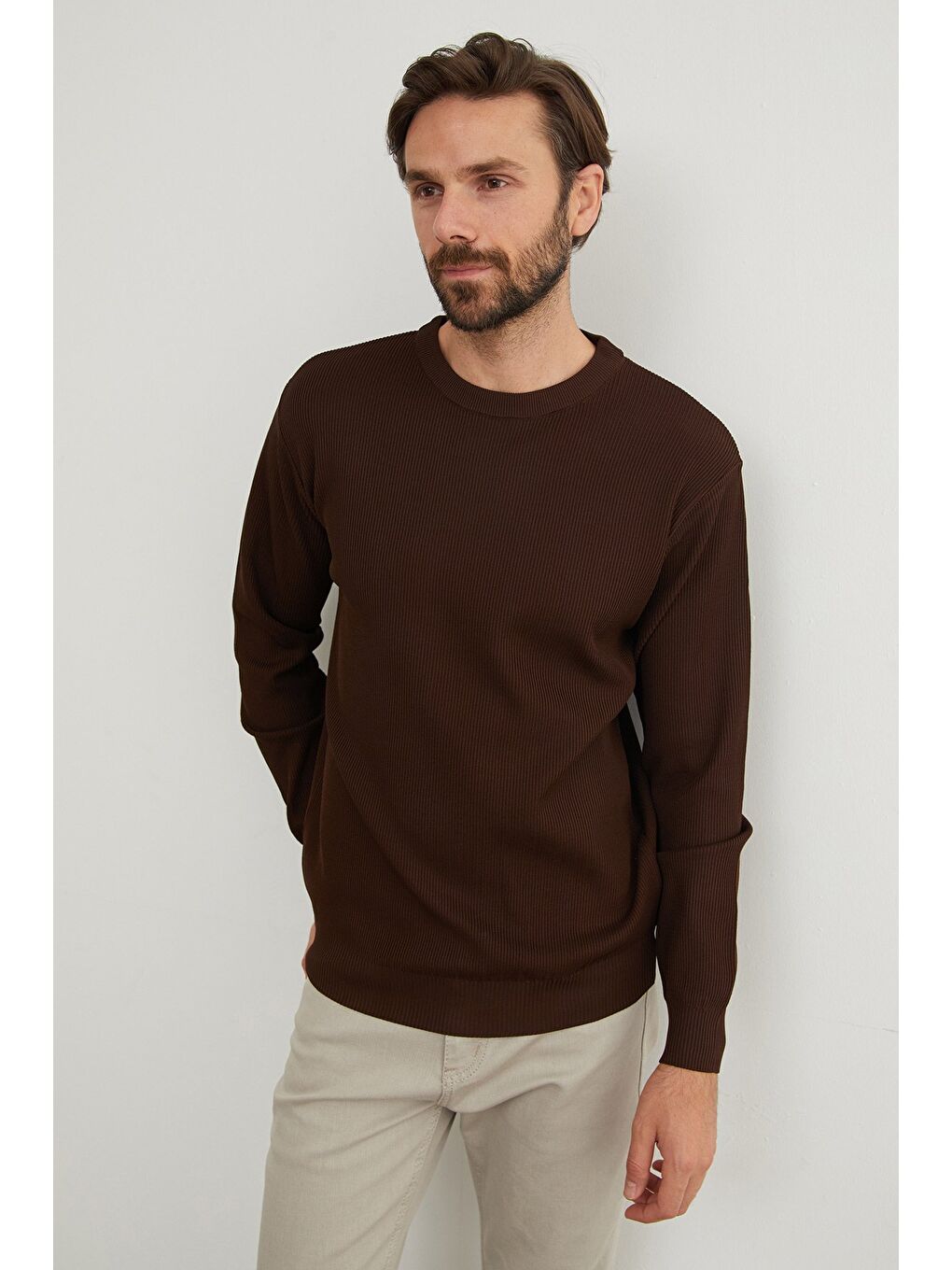 Kahverengi Basic Bisiklet Yaka Triko Kazak-1