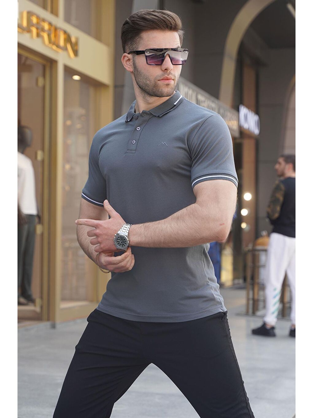 Gri Füme Polo Yaka Erkek Tişört 6113-1