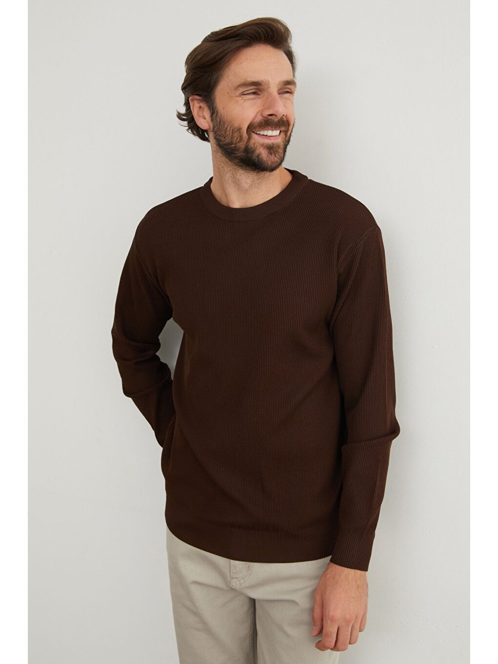 Kahverengi Basic Bisiklet Yaka Triko Kazak