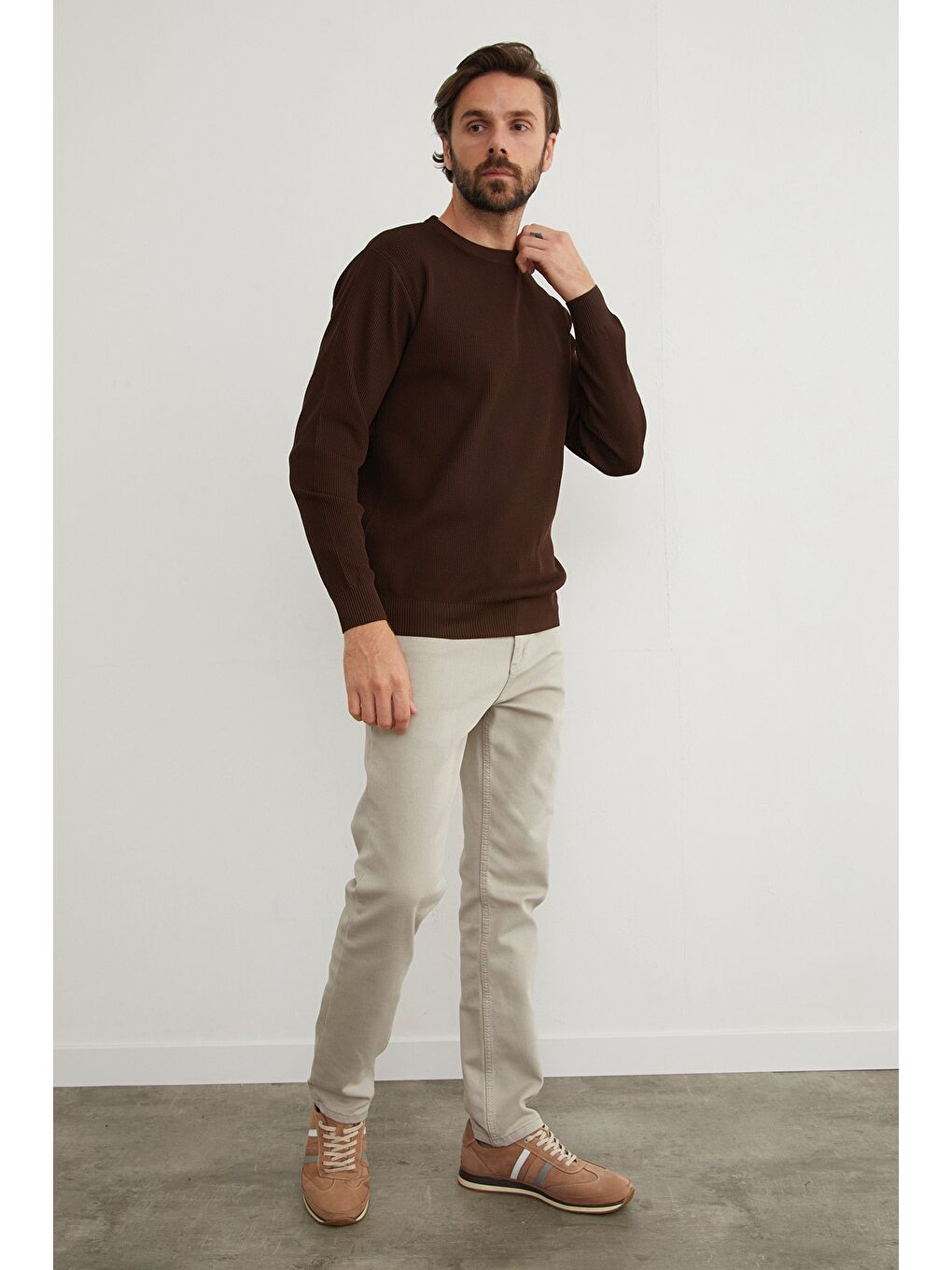 Kahverengi Basic Bisiklet Yaka Triko Kazak-3