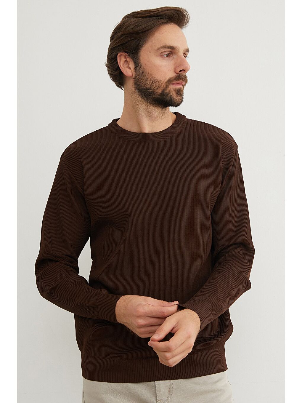 Kahverengi Basic Bisiklet Yaka Triko Kazak-4