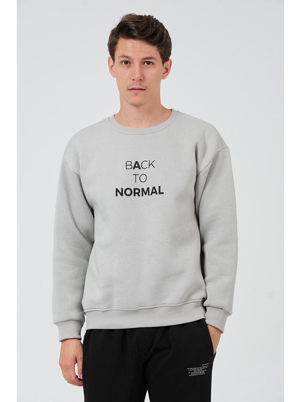 Gri Oversize Fit Bisiklet Yaka Pamuklu İçi Yumuşak Tüylü Baskılı Erkek Sweatshirt RF0202