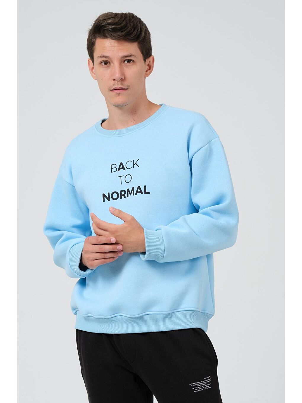 THE RULE Açık Mavi Oversize Fit Bisiklet Yaka Pamuklu İçi Yumuşak Tüylü Baskılı Erkek Sweatshirt RF0202