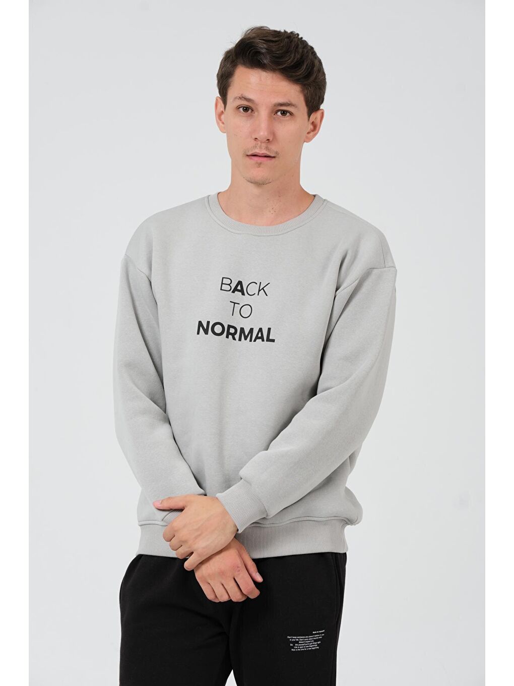 Gri Oversize Fit Bisiklet Yaka Pamuklu İçi Yumuşak Tüylü Baskılı Erkek Sweatshirt RF0202-2