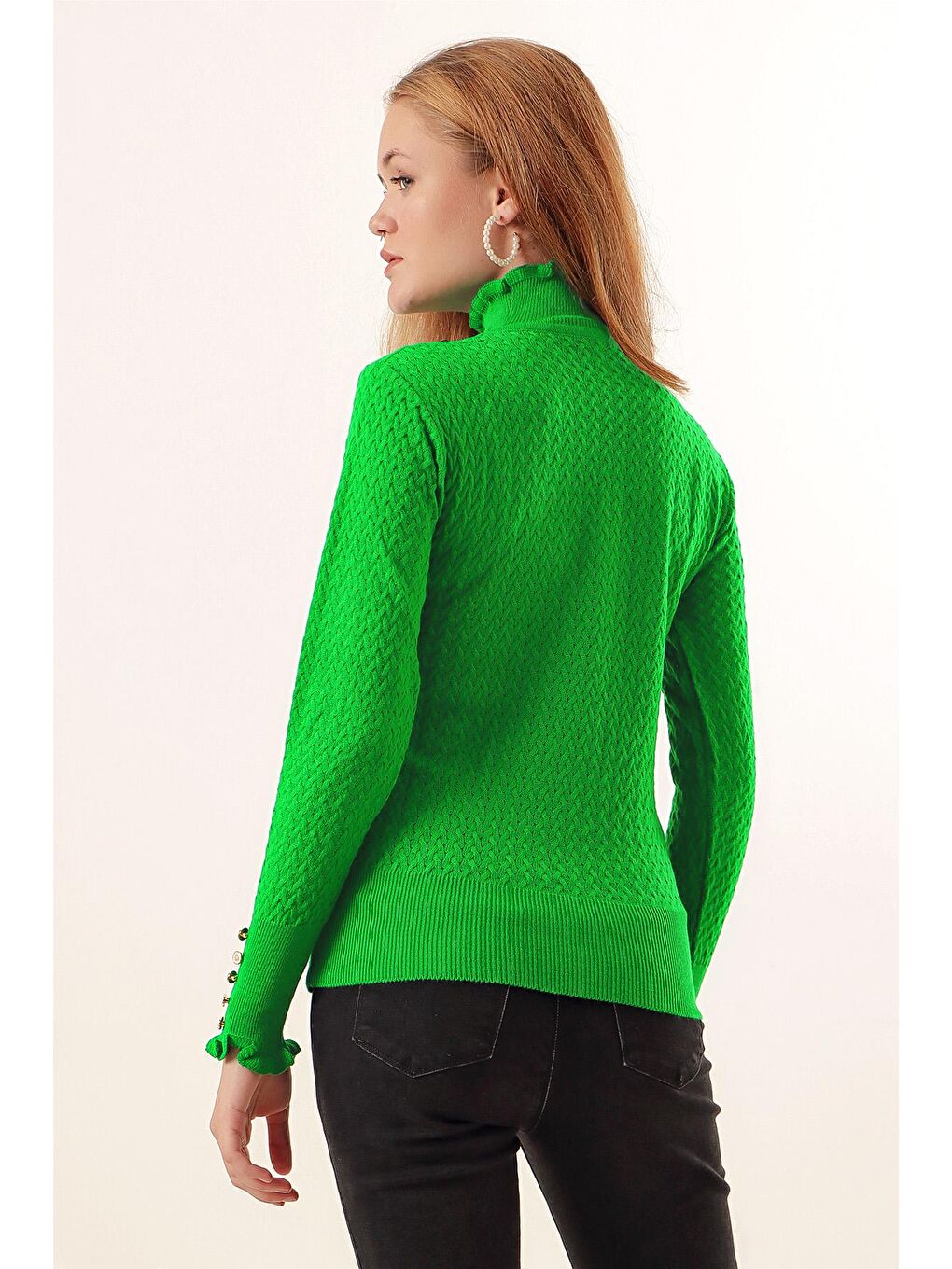 15786 Düğmeli Balıkçı Yaka Kazak - E.Yeşil-1