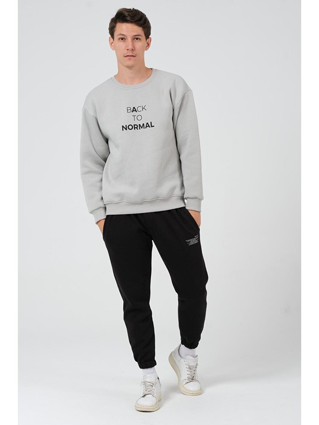 Gri Oversize Fit Bisiklet Yaka Pamuklu İçi Yumuşak Tüylü Baskılı Erkek Sweatshirt RF0202-3