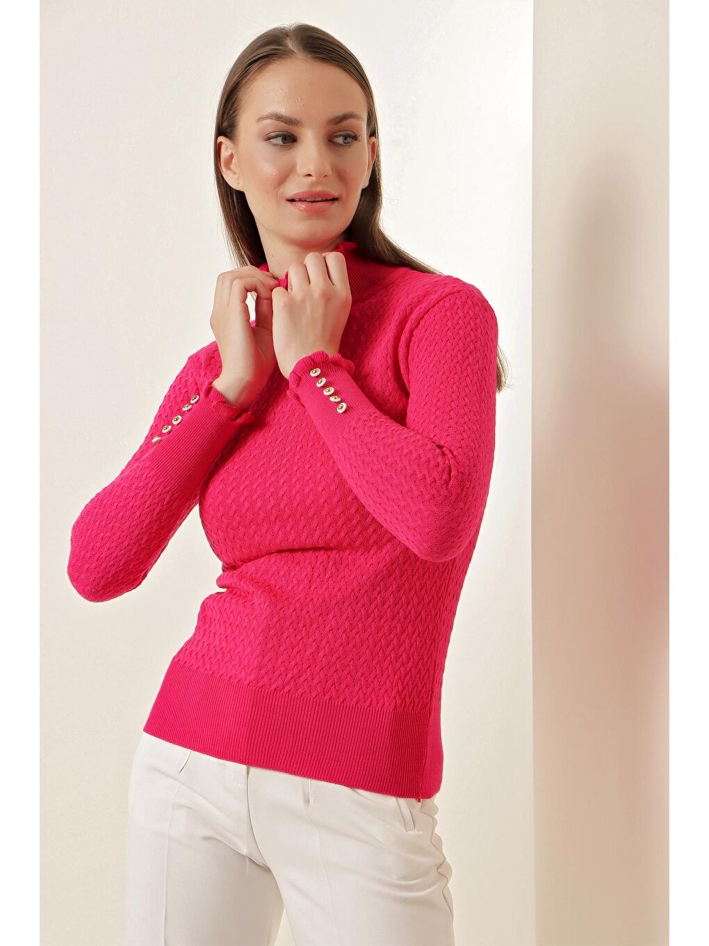 15786 Düğmeli Balıkçı Yaka Kazak - Fuşya-2