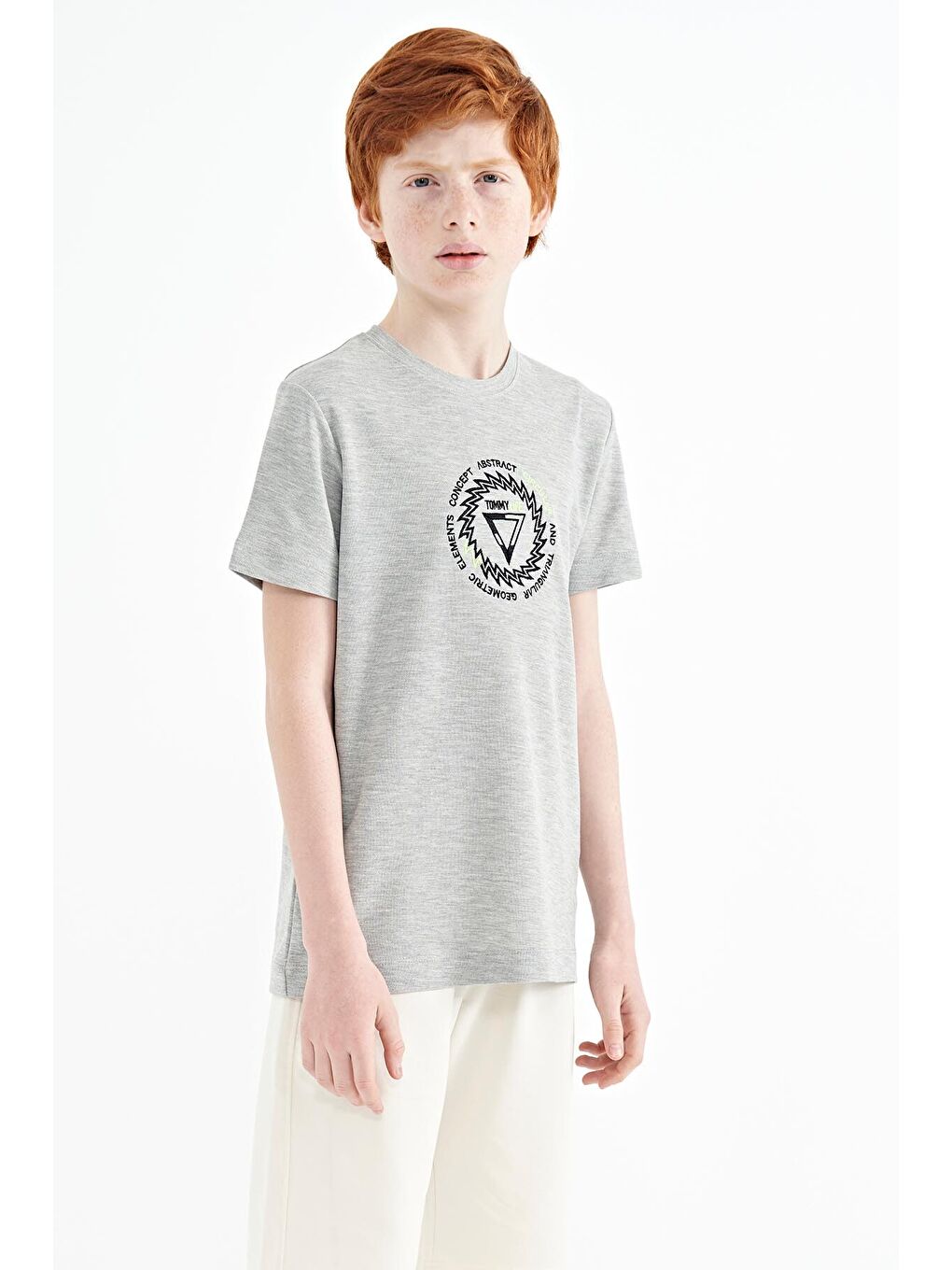 Gri Melanj Nakış İşleme Detaylı O Yaka Standart Kalıp Erkek Çocuk Tişört - 11115-3