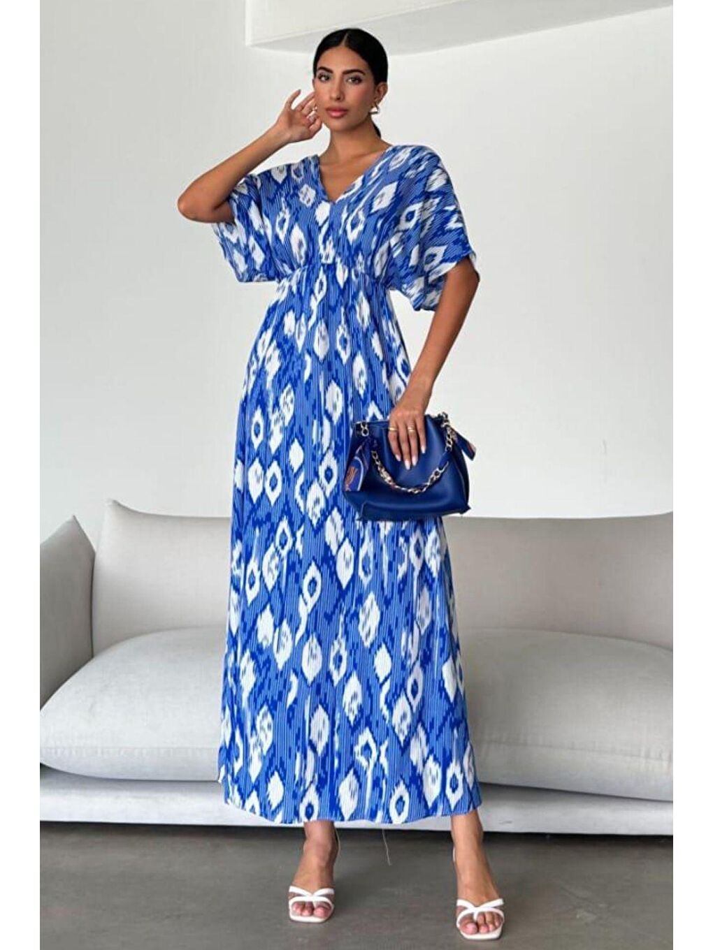 Kadın Mavi Kısa Kollu Desenli V Yaka Uzun Viskon Elbise-2