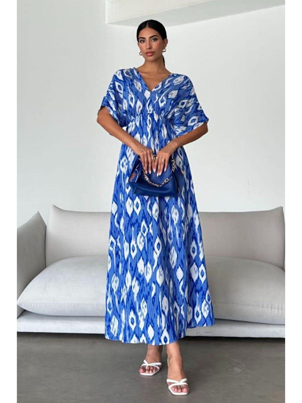 Kadın Mavi Kısa Kollu Desenli V Yaka Uzun Viskon Elbise-3