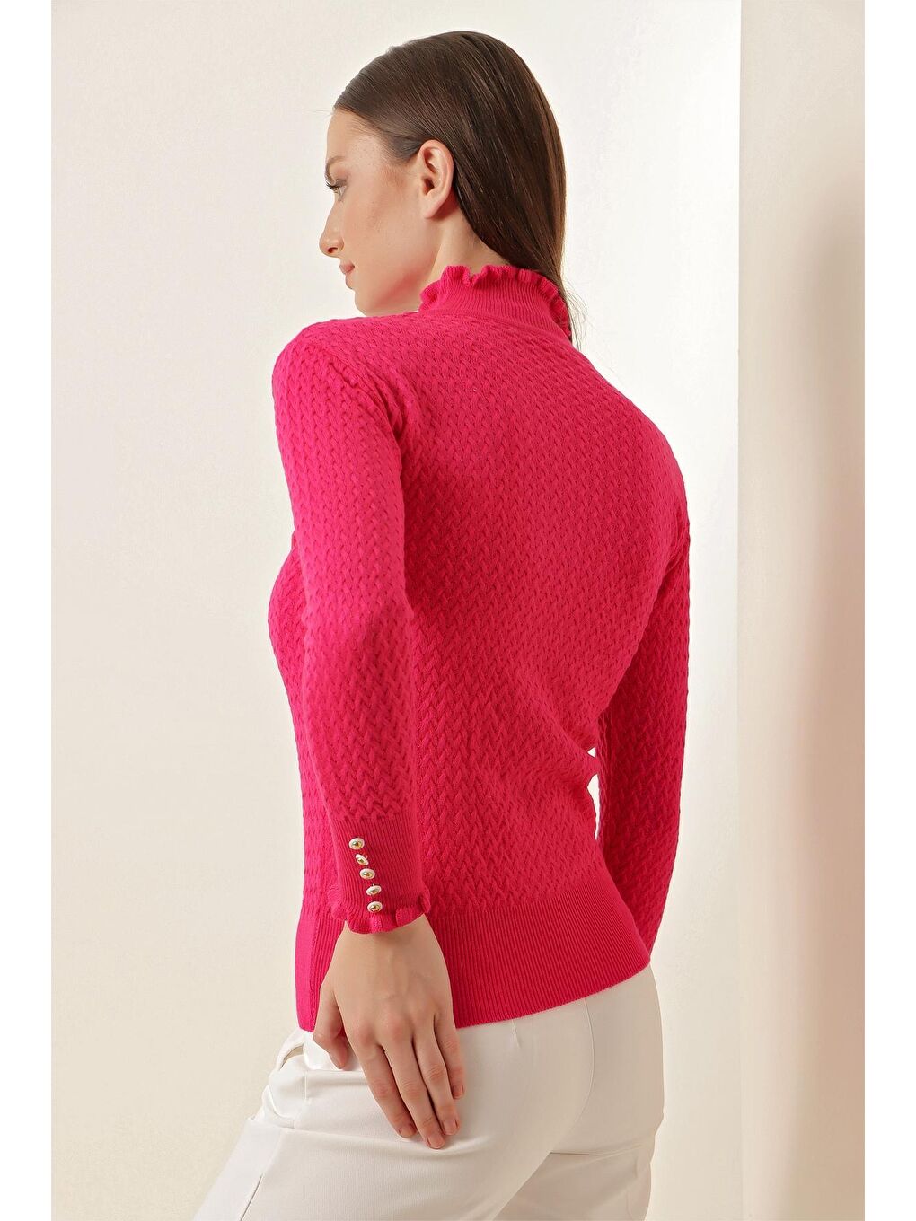 15786 Düğmeli Balıkçı Yaka Kazak - Fuşya-4