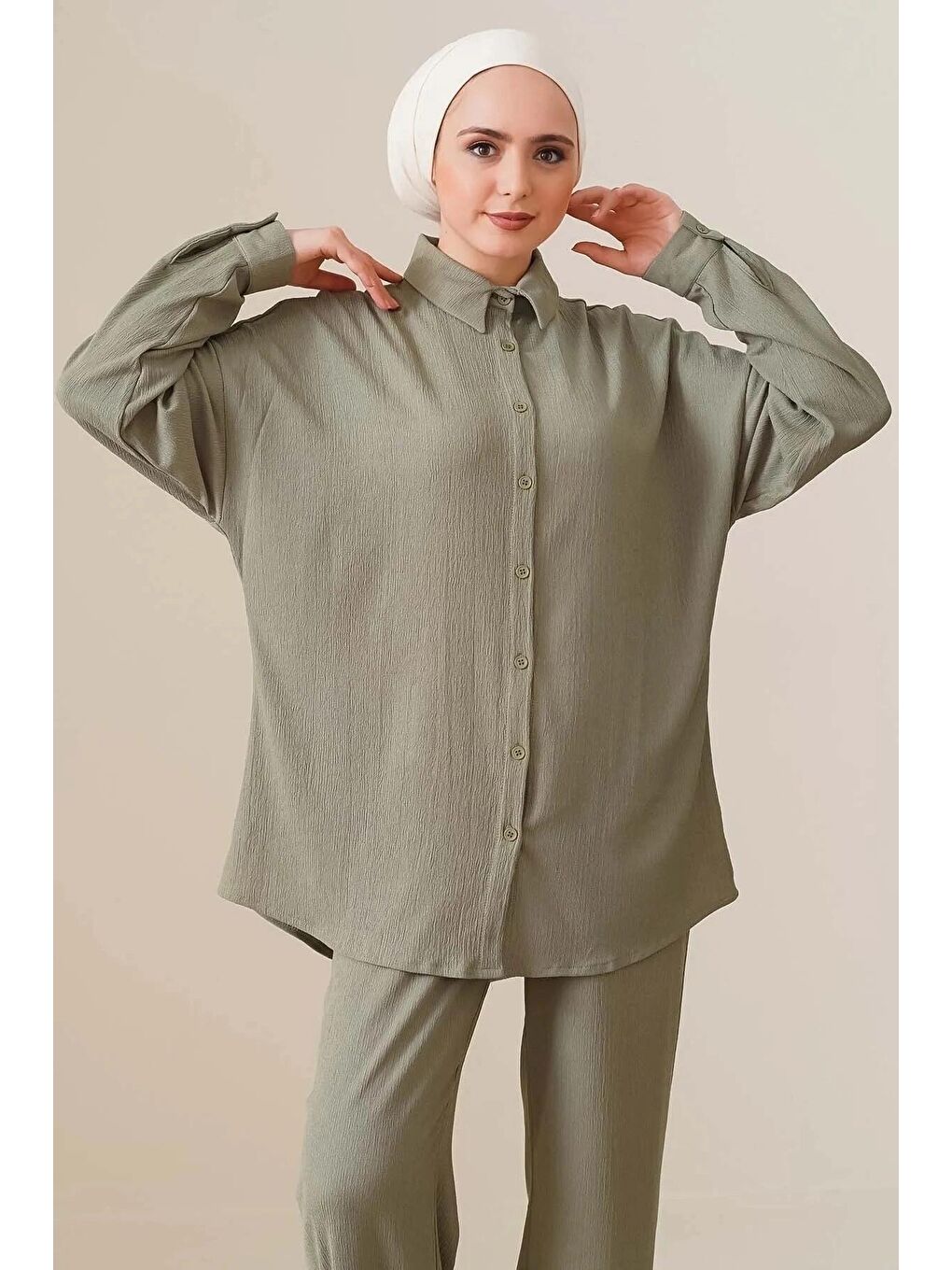 Kadın Tesettür Çağla Yeşil Geniş Kalıp Alt-Üst İkili Örme Takım HZL24W-BD158581-1