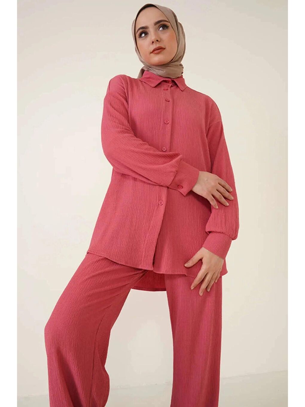 Pembe Kadın Tesettür Gül Kurusu Geniş Kalıp Alt-Üst İkili Örme Takım HZL24W-BD158581