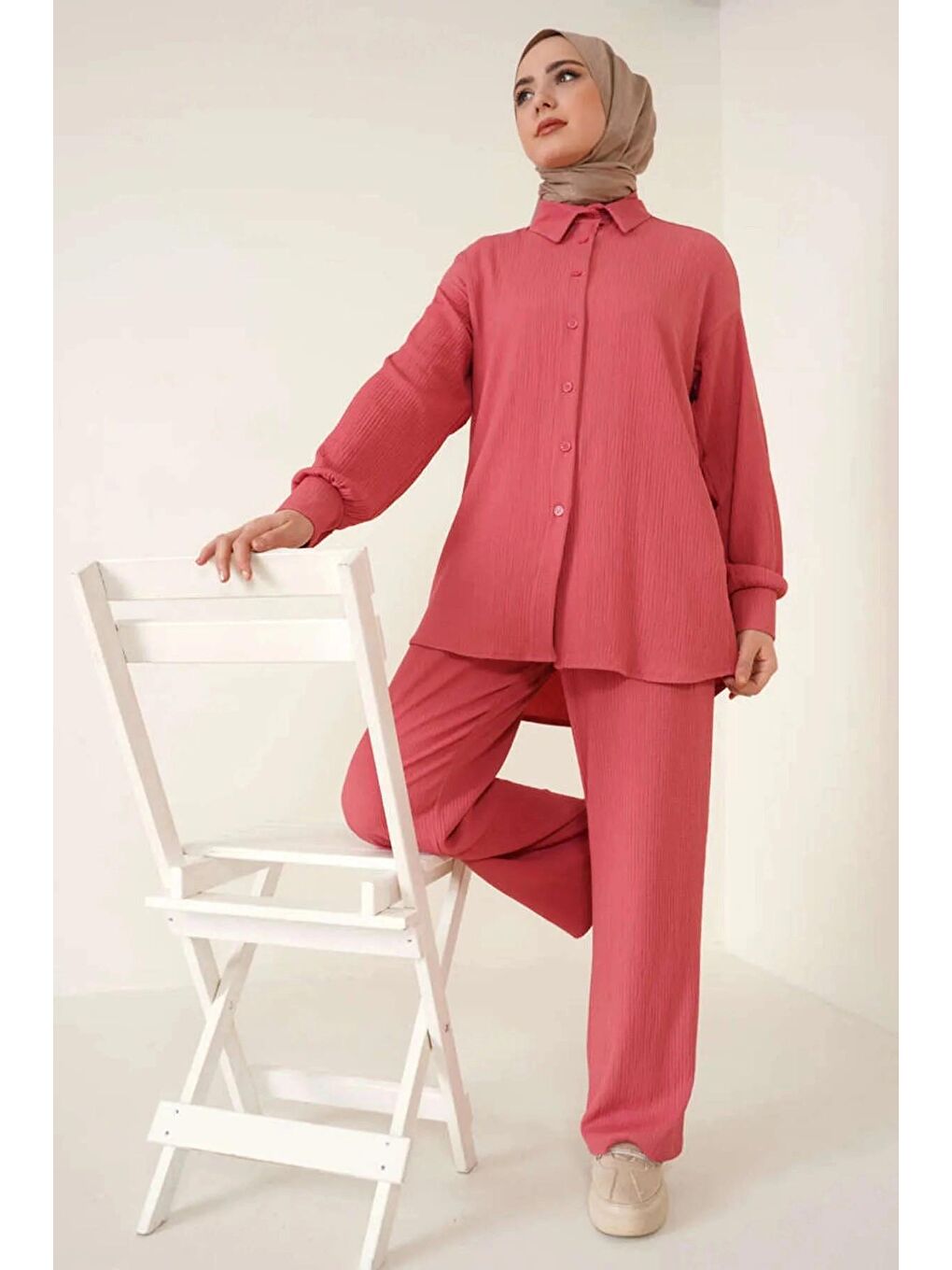 Pembe Kadın Tesettür Gül Kurusu Geniş Kalıp Alt-Üst İkili Örme Takım HZL24W-BD158581-1