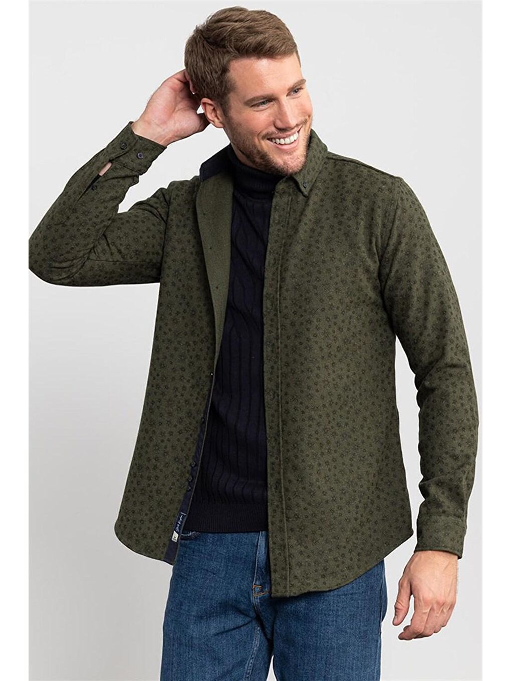 Haki Slim Fit Baskılı Oduncu Erkek Gömlek