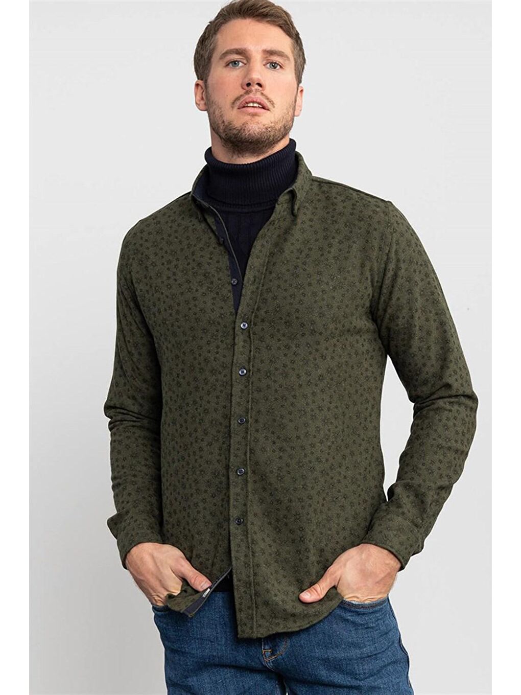 Haki Slim Fit Baskılı Oduncu Erkek Gömlek-1