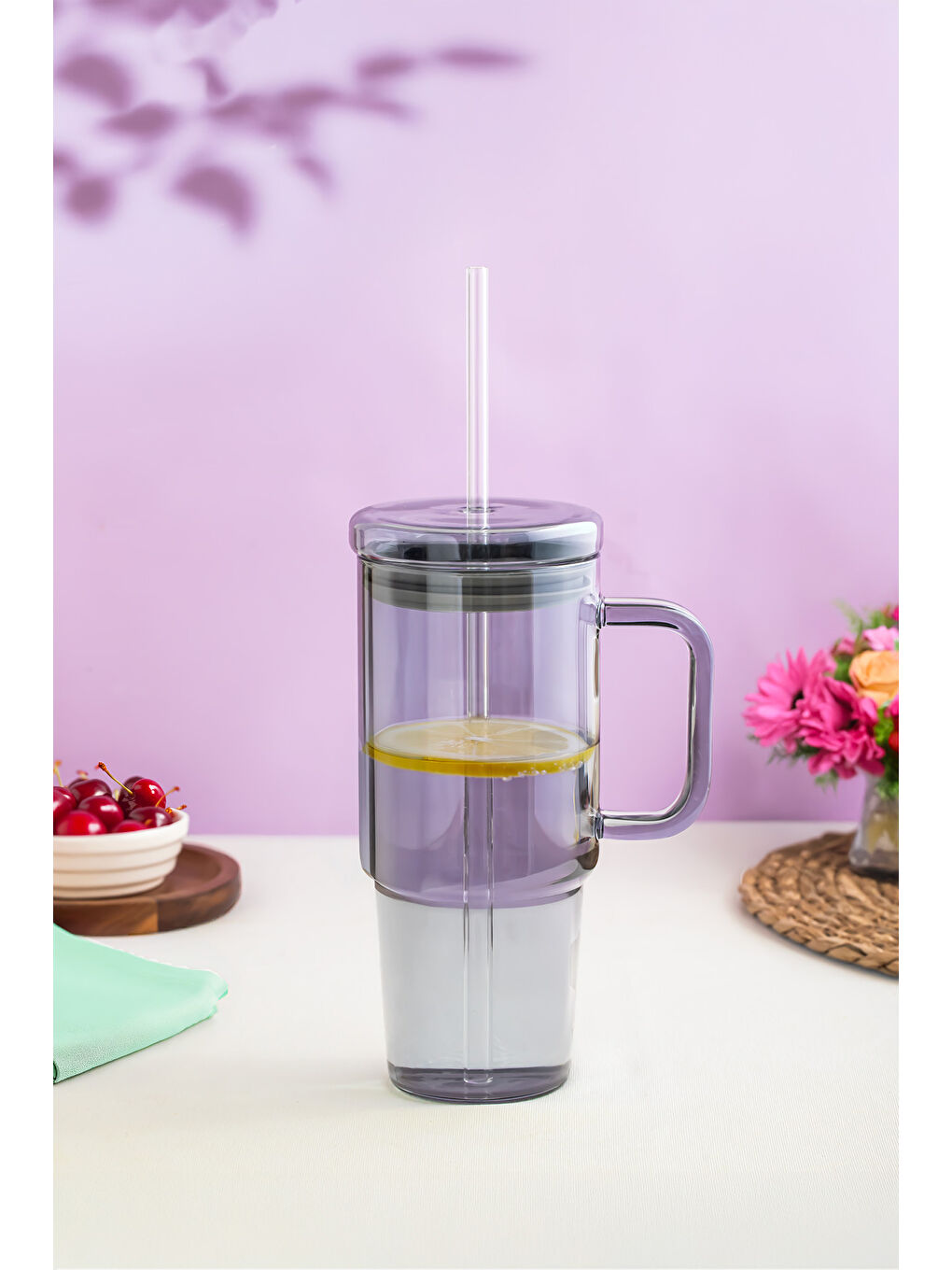 Renksiz 3483 Vakumlu Kapaklı Pipetli ve Kulplu Bardak 900ml Cam Termos Mug