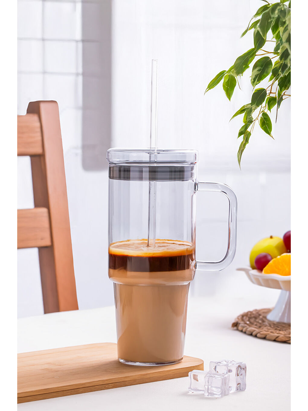 Renksiz 3483 Vakumlu Kapaklı Pipetli ve Kulplu Bardak 900ml Cam Termos Mug-1