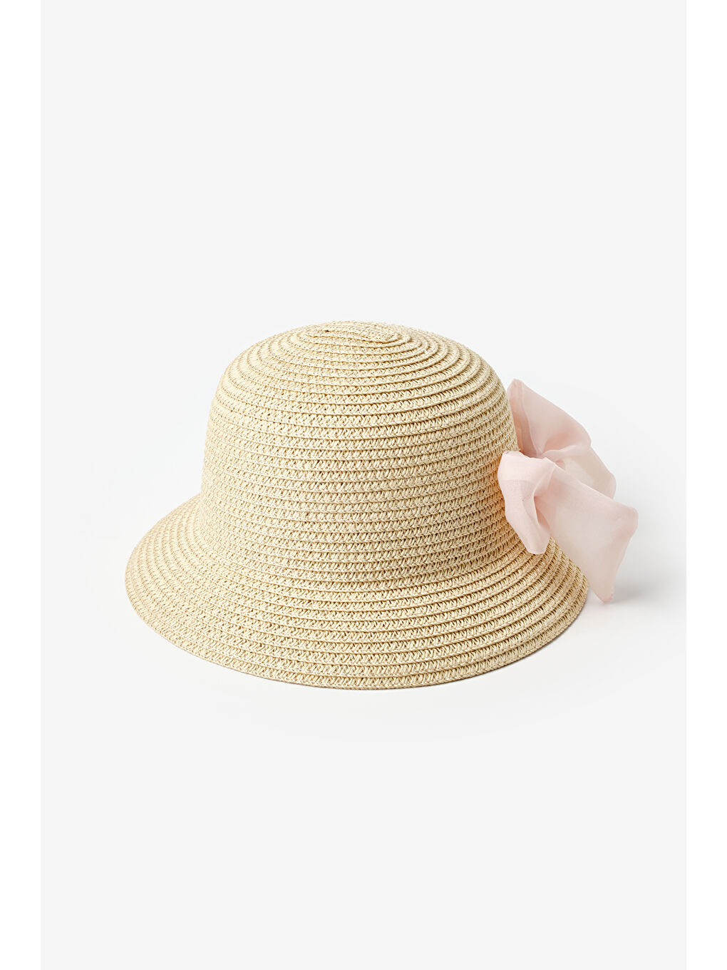 Pembe Pudra Fiyonk Detaylı Kız Çocuk Hasır Bucket Şapka
