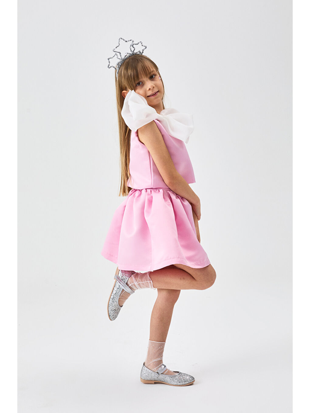 Pembe Organze Fiyonklu Kız Çocuk İkili Takım - Gale-1