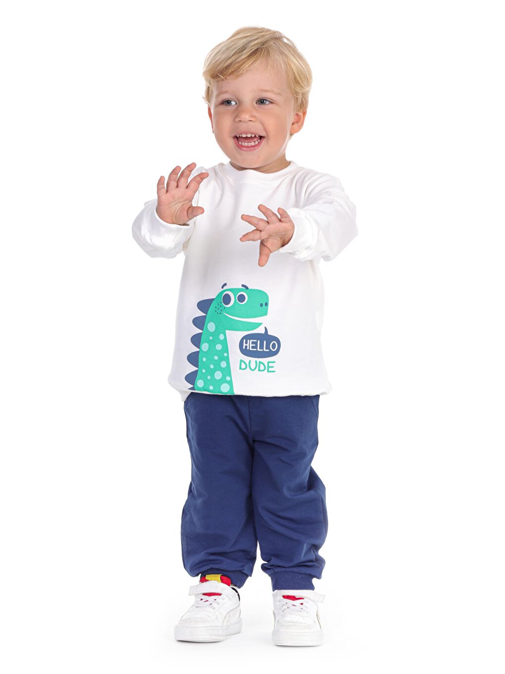 Lacivert Bisiklet Yaka Baskılı Erkek Bebek Sweatshirt ve Eşofman Alt 2'li