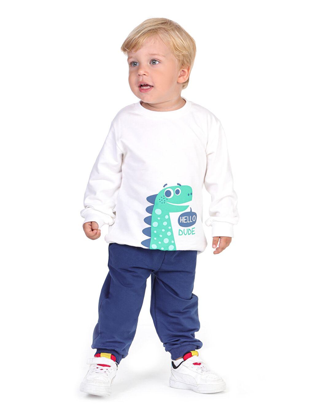 Lacivert Bisiklet Yaka Baskılı Erkek Bebek Sweatshirt ve Eşofman Alt 2'li-1