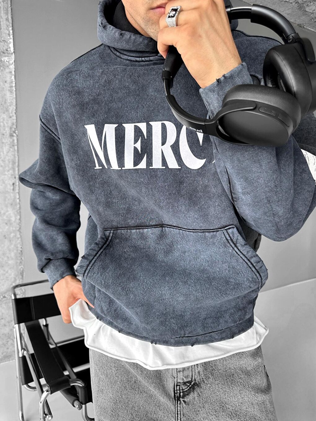 Oversize Baskılı Kapüşonlu Pamuklu Erkek Hoodie Siyah-2