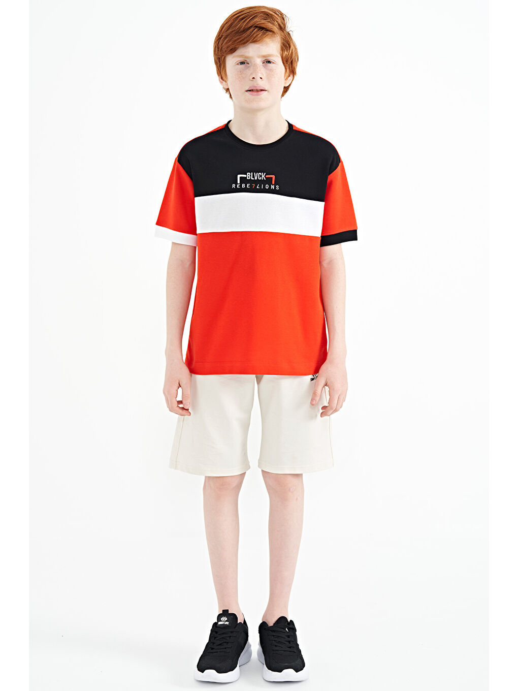 Kırmızı Fiesta Renk Geçişli Nakışlı Oversize Erkek Çocuk Tişört - 11159-1