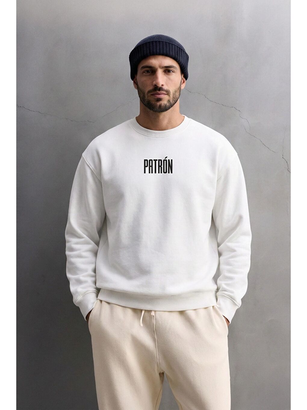 Erkek Oversize Baskılı Premium Sweatshirt Ekru