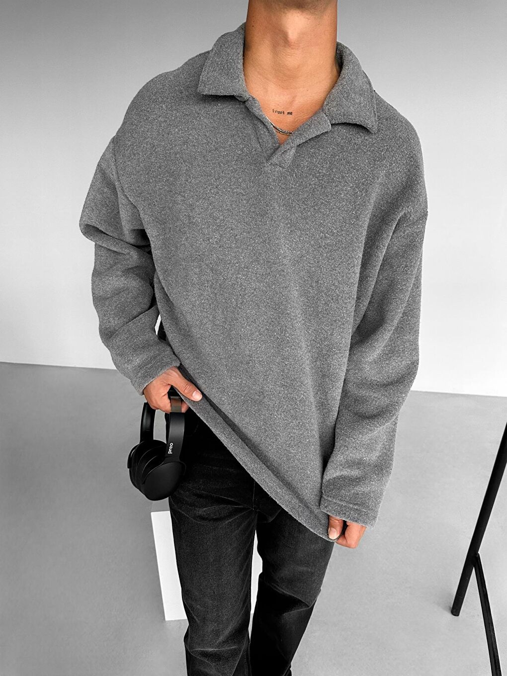 Gri Erkek Polo Yaka Polar Sweatshirt Füme-1