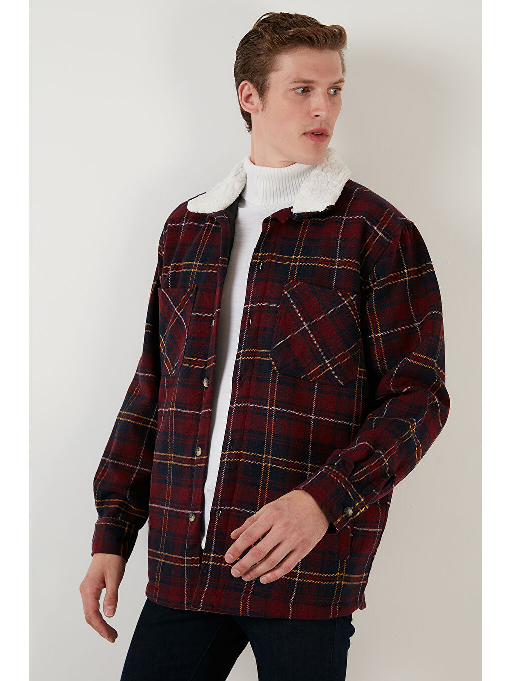 Bordo Pamuklu Ekoseli Regular Fit Kışlık Oduncu Kürk Yaka Ceket 606343717-5