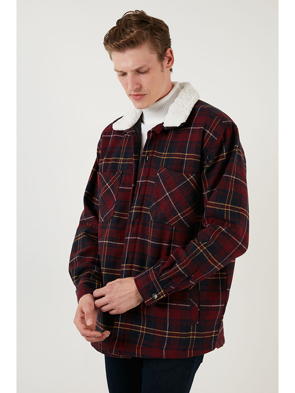 Bordo Pamuklu Ekoseli Regular Fit Kışlık Oduncu Kürk Yaka Ceket 606343717-6