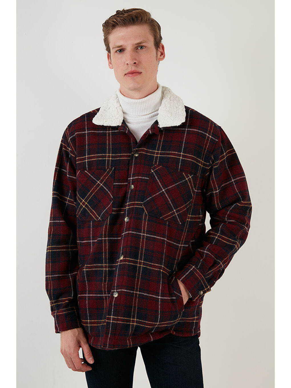 Bordo Pamuklu Ekoseli Regular Fit Kışlık Oduncu Kürk Yaka Ceket 606343717-7