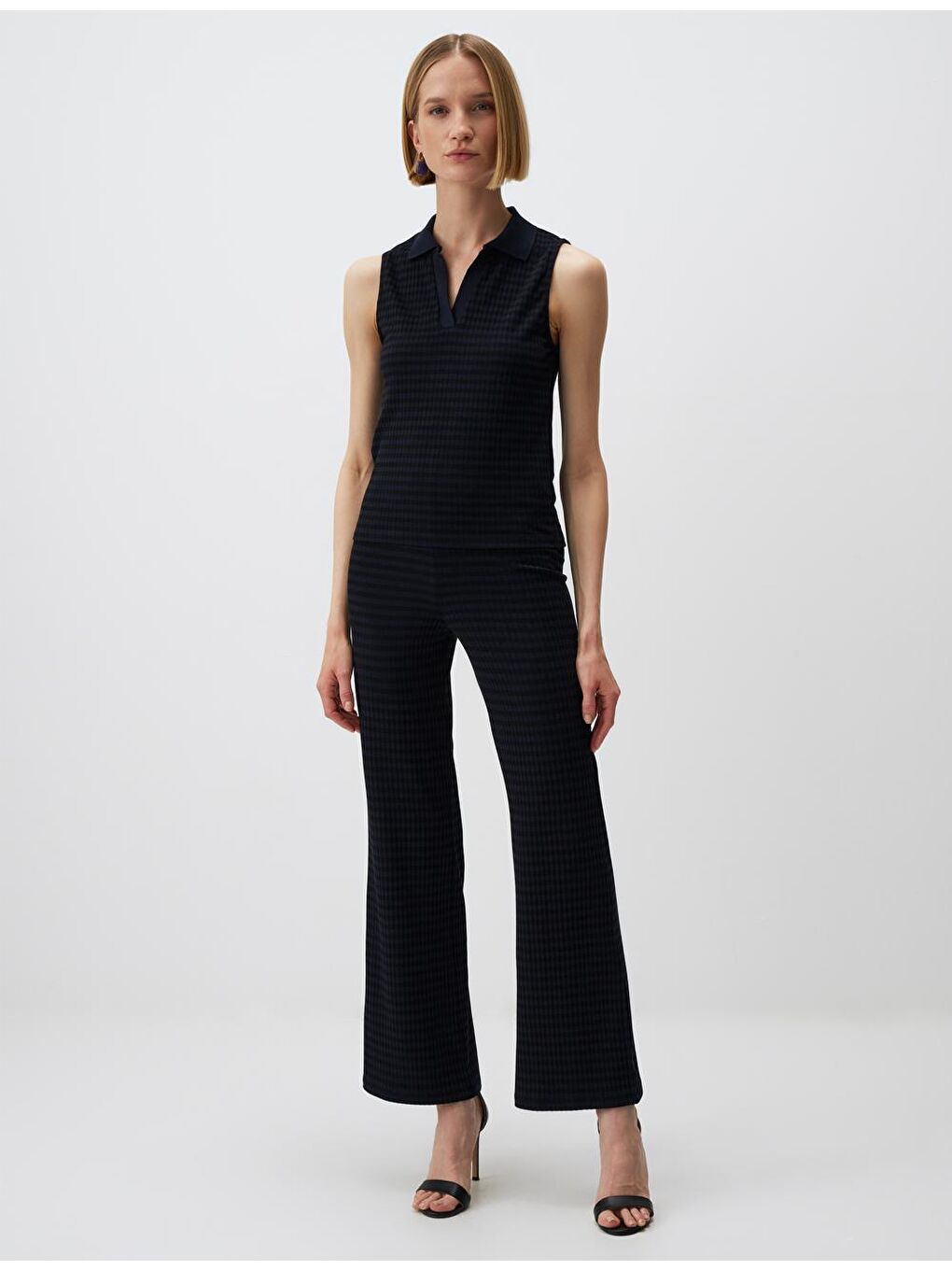 Lacivert Desenli Yüksek Bel Bol Paça Pantolon-1