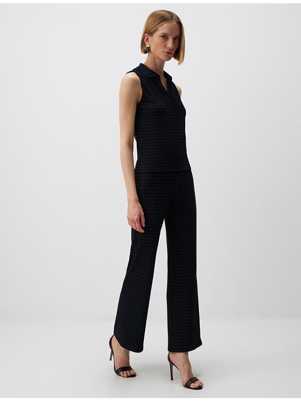 Lacivert Desenli Yüksek Bel Bol Paça Pantolon-2