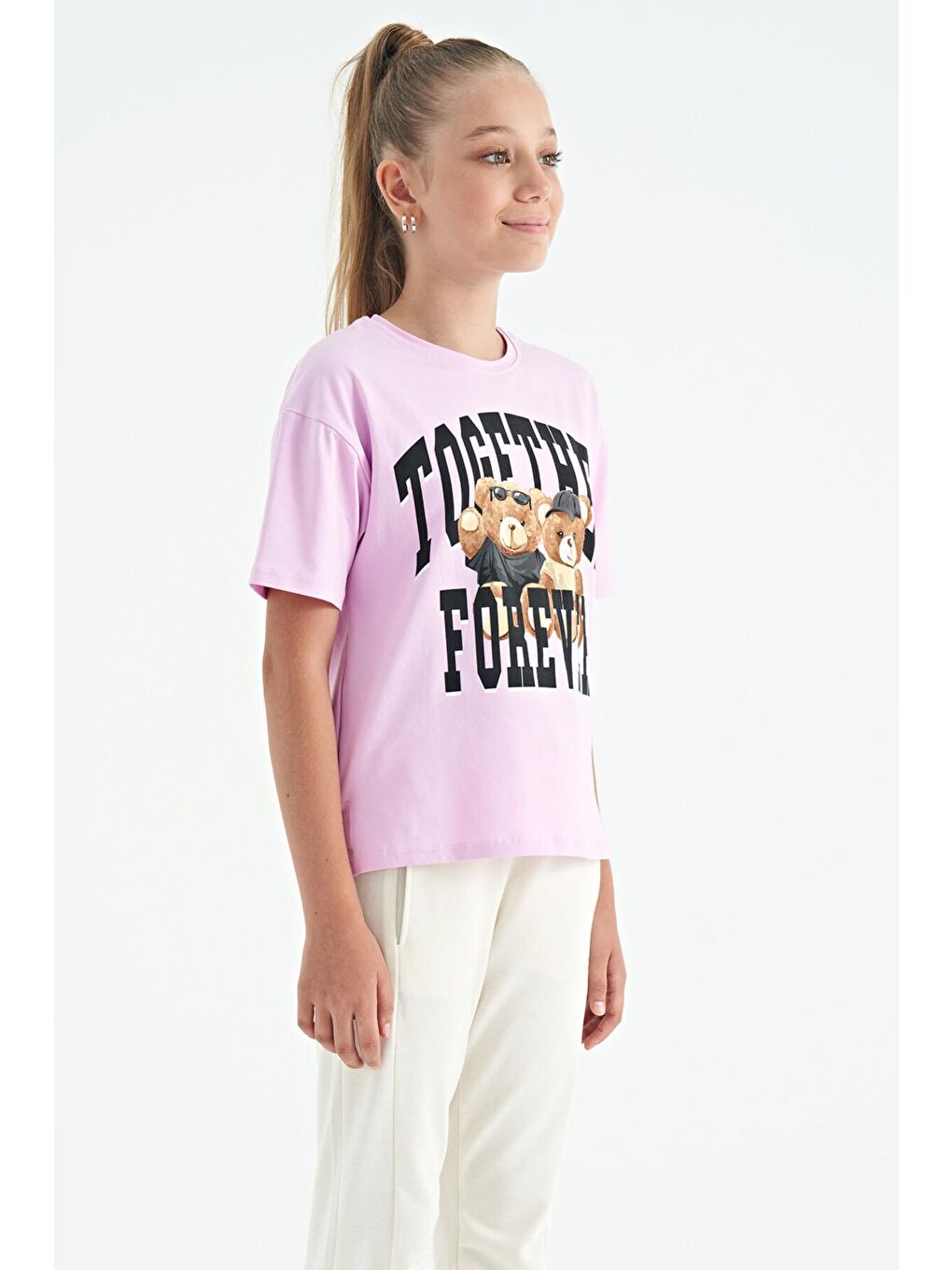 TOMMYLIFE Pembe Ayıcık Baskılı O Yaka Oversize Kısa Kol Kız Çocuk T-Shirt - 75116 - 2