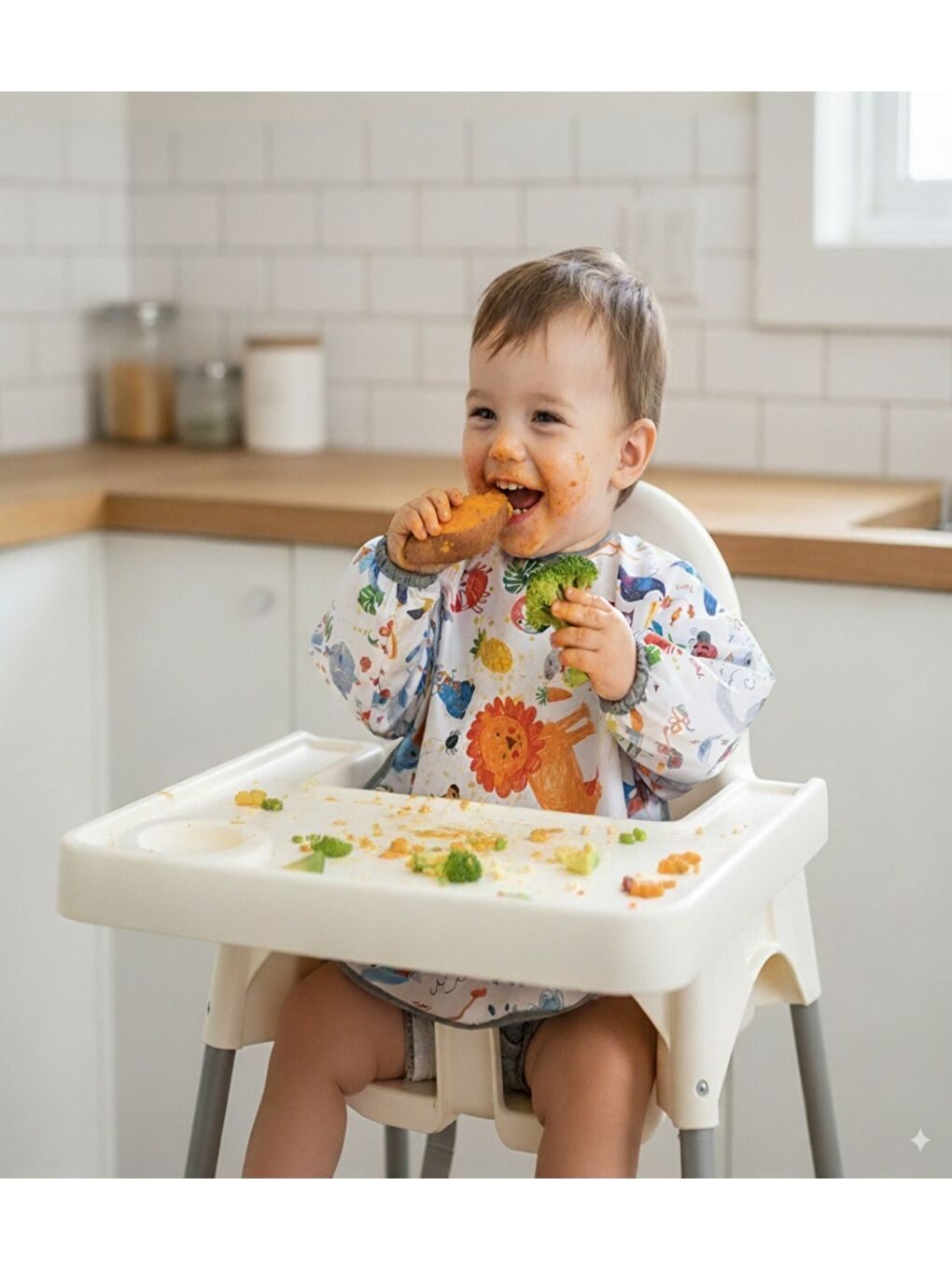 2-4 yaş Jungle Sıvı Geçirmez Makinede Yıkanabilir Cepli, Cırtlı, Uzun Kollu Bebek Mama Önlüğü, Önlük-1