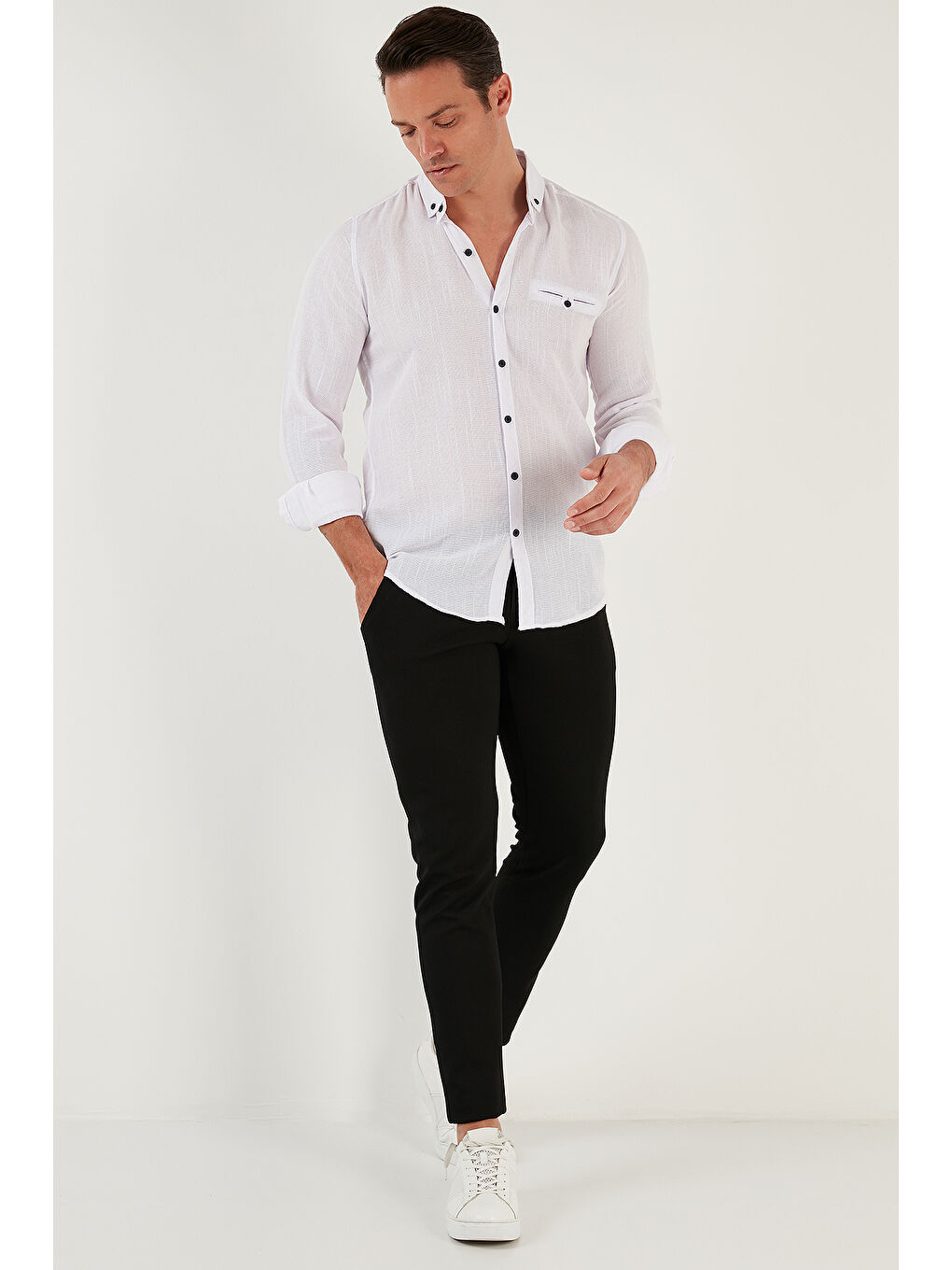 Beyaz %100 Pamuklu Slim Fit Uzun Kollu Erkek Gömlek CF21S111498-5