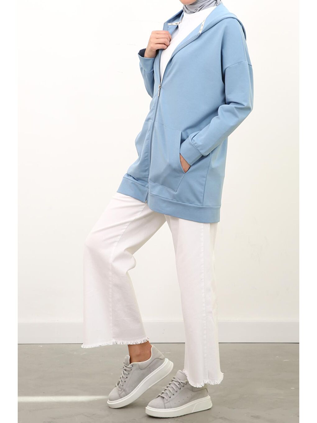 Mavi Okyanus Kapüşonlu Fermuarlı Hırka-2