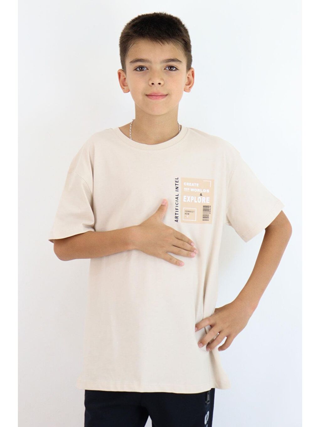 Erkek Çocuk Tişört Webi Keşfet Temalı Bej (9-12 Yaş)-1