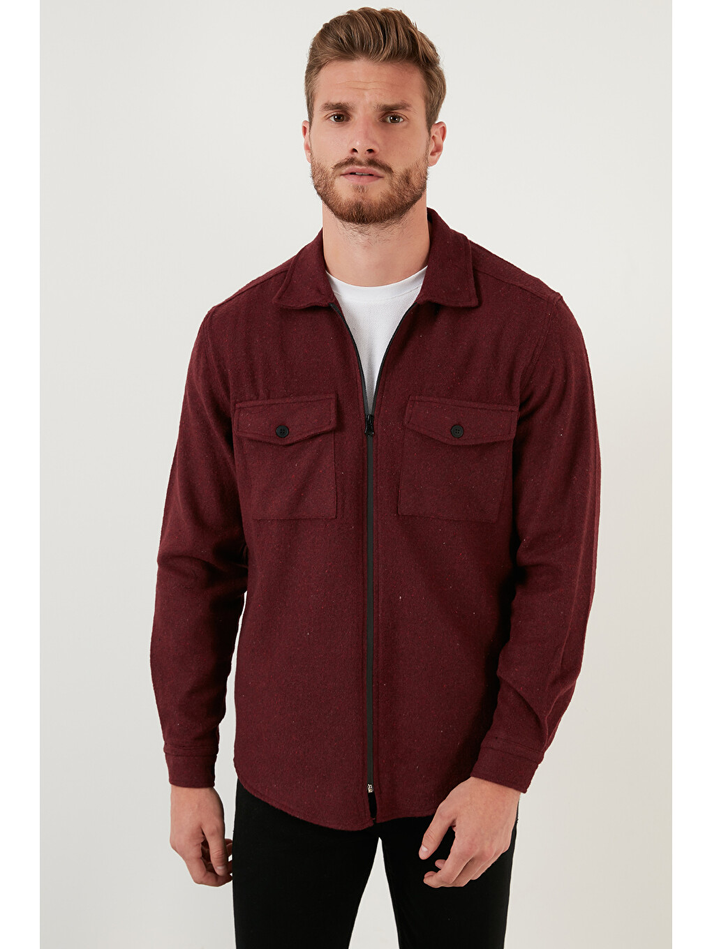 Bordo Çift Cepli Fermuarlı Slim Fit Kışlık Oduncu Gömlek Cf21w112925-5