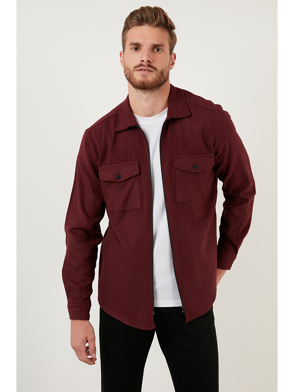 Bordo Çift Cepli Fermuarlı Slim Fit Kışlık Oduncu Gömlek Cf21w112925-6