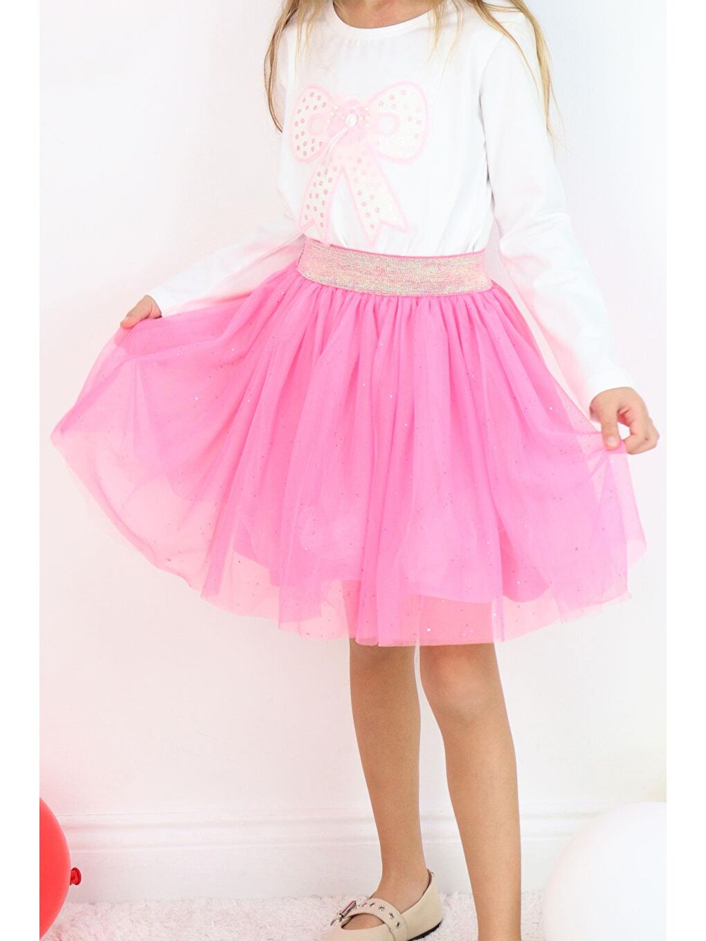 Kız Çocuk Tütü Etek Simli Beli Lastikli Pembe (5-10 Yaş)-1