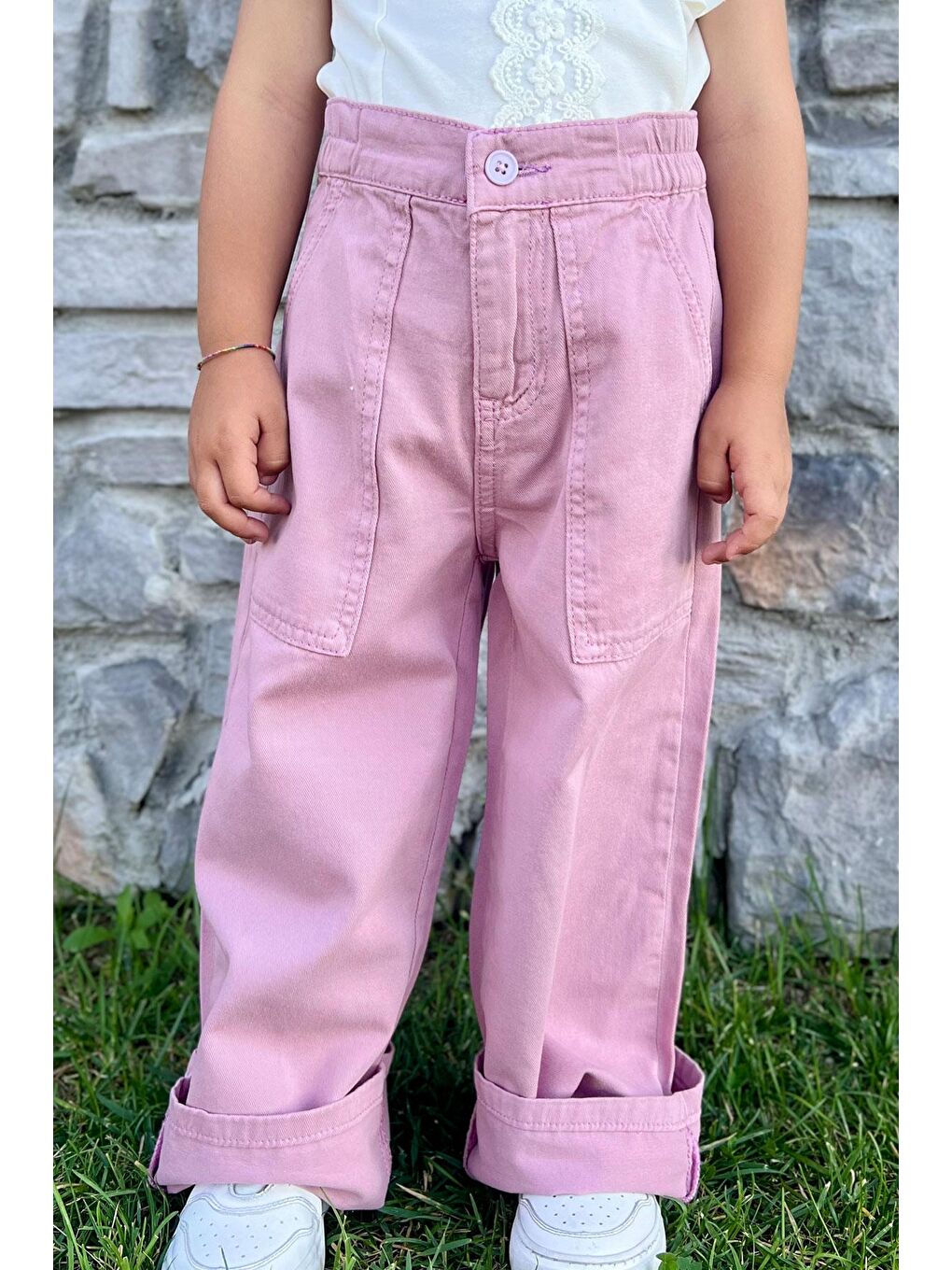 Pembe Kız Çocuk Gabardin Pantolon Geniş Paça Beli Lastikli Gülkurusu (5-8 Yaş)