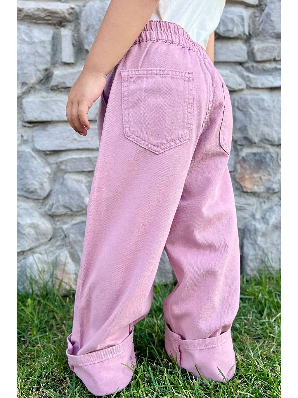 Pembe Kız Çocuk Gabardin Pantolon Geniş Paça Beli Lastikli Gülkurusu (5-8 Yaş)-1