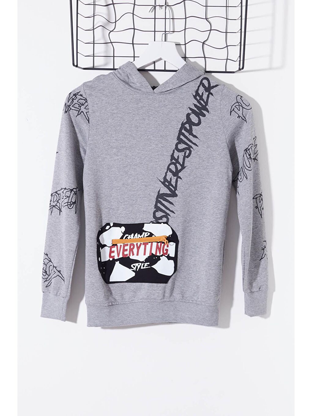 Gri Erkek Çocuk Everything Baskılı Kapüşonlu Sweatshirt 14017