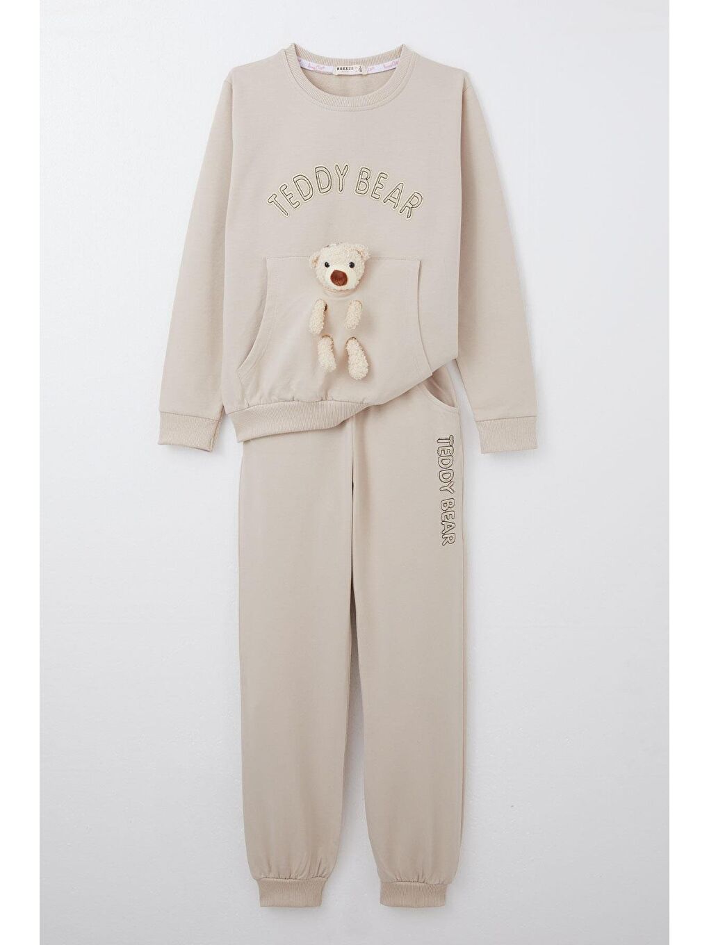 Kız Çocuk Eşofman Takım Ayıcık Aksesuarlı Yazı Nakışlı Bej (5 Yaş)-4
