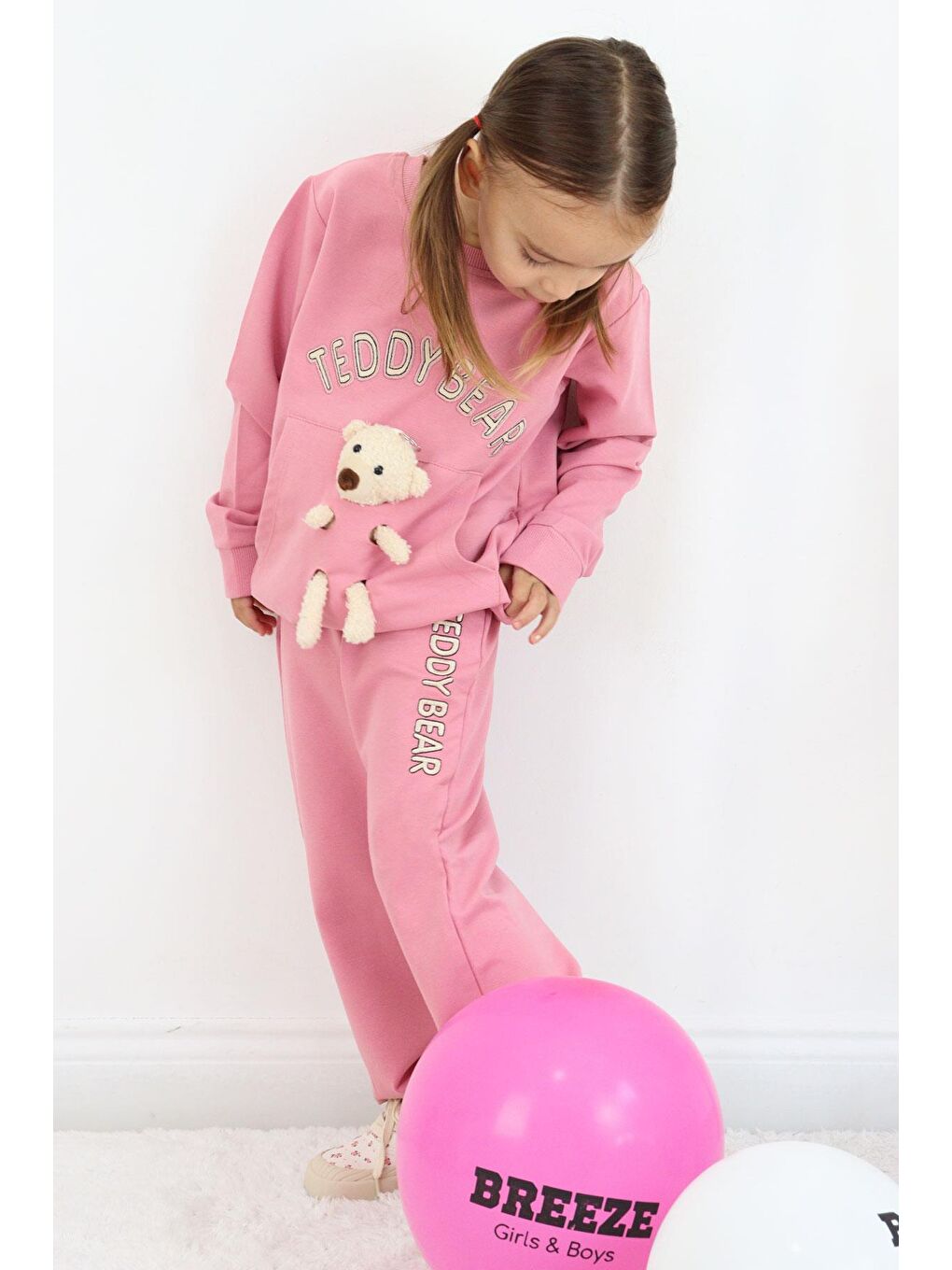 Pembe Kız Çocuk Eşofman Takım Ayıcık Aksesuarlı Yazı Nakışlı Gülkurusu (7 Yaş)-1